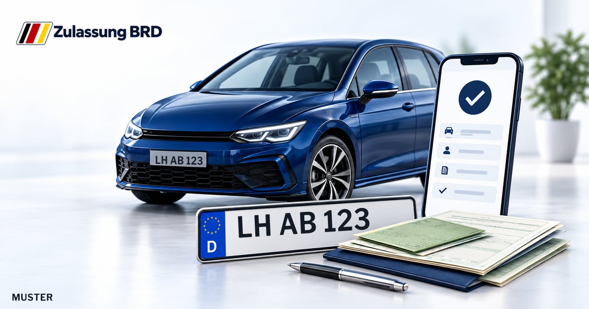 Online Fahrzeugzulassung in Selm: Musterkennzeichen LH AB 123, Auto und Fahrzeugpapiere und Smartphone. Illustration mit Logo von Zulassung BRD.